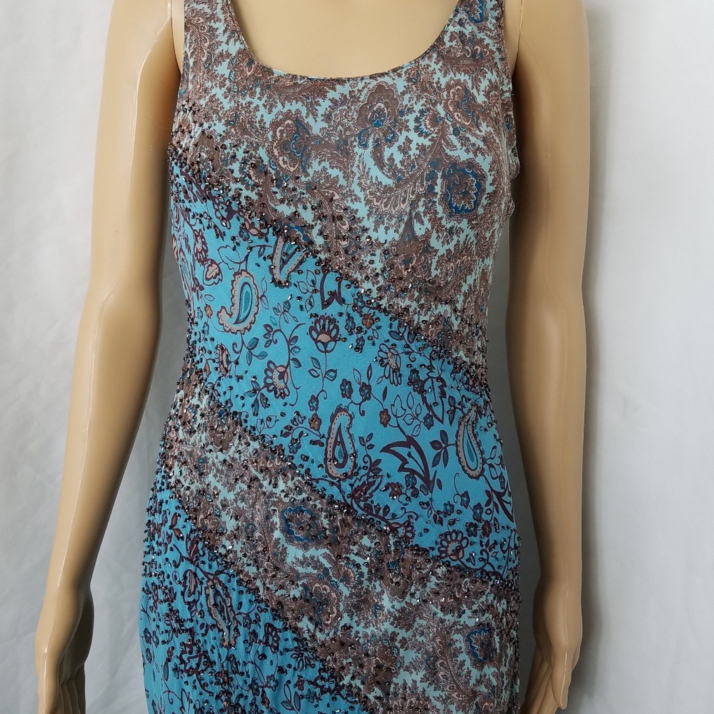 Eva Blue Sleeveless Beaded Dress Scarf Hemline